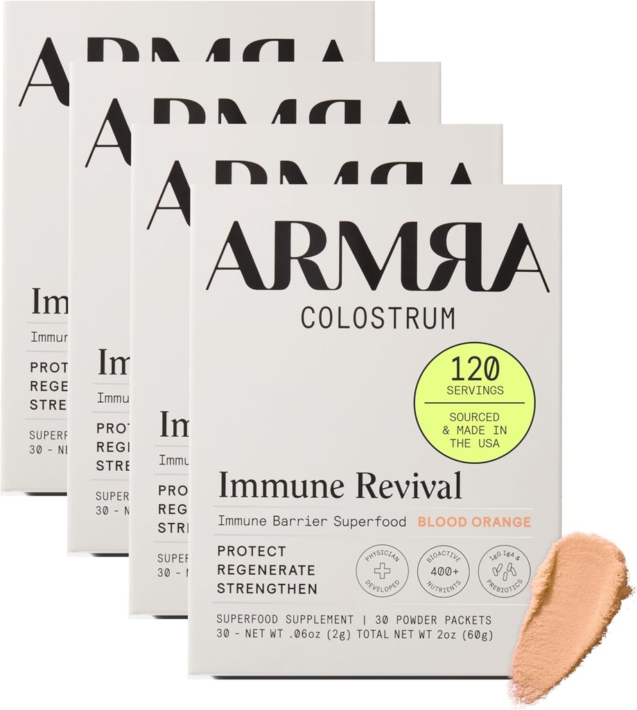 ARMRA ColostrumTM Poudre premium, herbe, Gut Health Bloating Immunity Peau et Cheveux, Contient 400+ nutriments bioactifs, Potent Bio available, Keto, Gluten & Fat Free (Blood Orange 30)