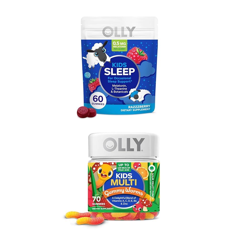 OLLY Les enfants dorment Gummy, Mélatonine, L Theanine, Camomile, 60 Comte et enfants Multivitamine Gummy Worms, Vitamines A C D E Bs Zinc, 70 Comte