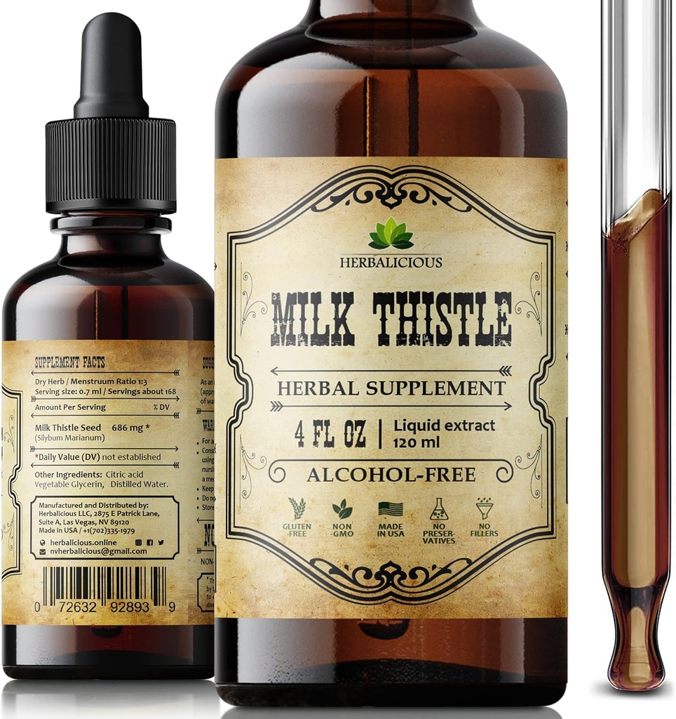 Detox del fegato di cardo del latte – Estratto di silimarina naturale per la pulizia del fegato, supporto immunitario & salute della pelle – Integratore di cardo del latte di erbe – 4 fl oz