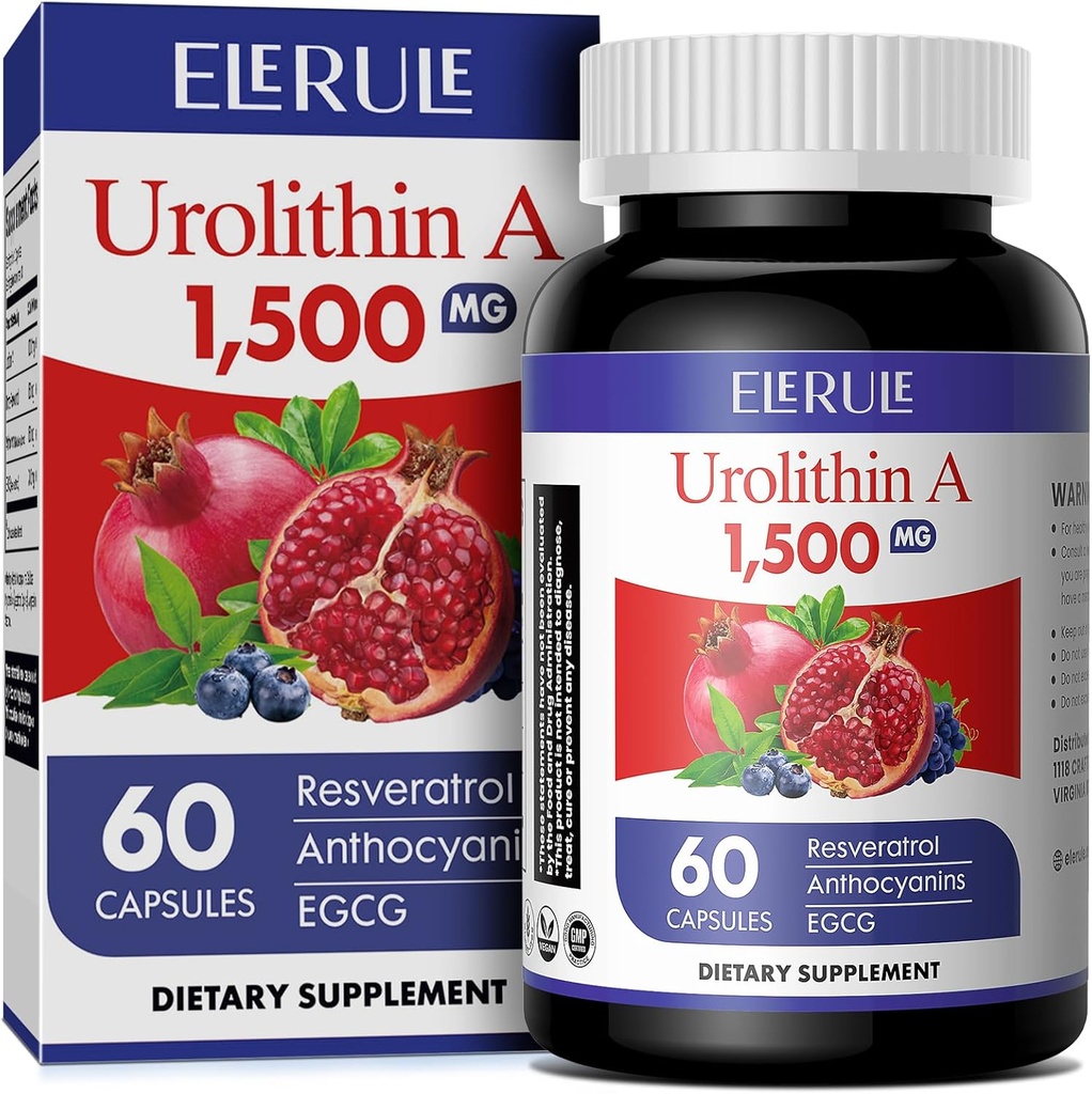 Urolithin Eine Ergänzung 1000 mg Plus Trans-Resveratrol, Anthocyanine, Grüner Tee,Gesundes Altern fördern, liefert Cellular und Energie für Männer & Frauen, 60 Kapseln-61
