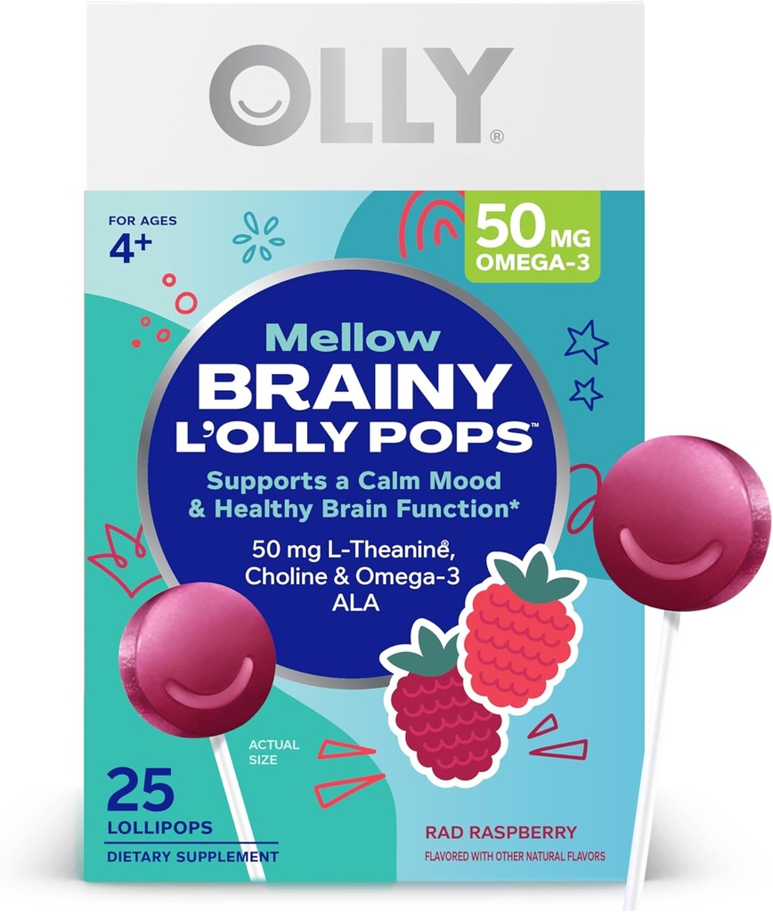 OLLY Mellow Buddies L’OLLY Pops, L-Theanine, Choline, Omega-3 ALA, Kinder 4+ Nahrungsergänzungsmittel Lollipops, Unterstützt eine ruhige Stimmung & Gesunde Gehirnfunktion,* Vegan, Himbeer Flavored, 25 Count