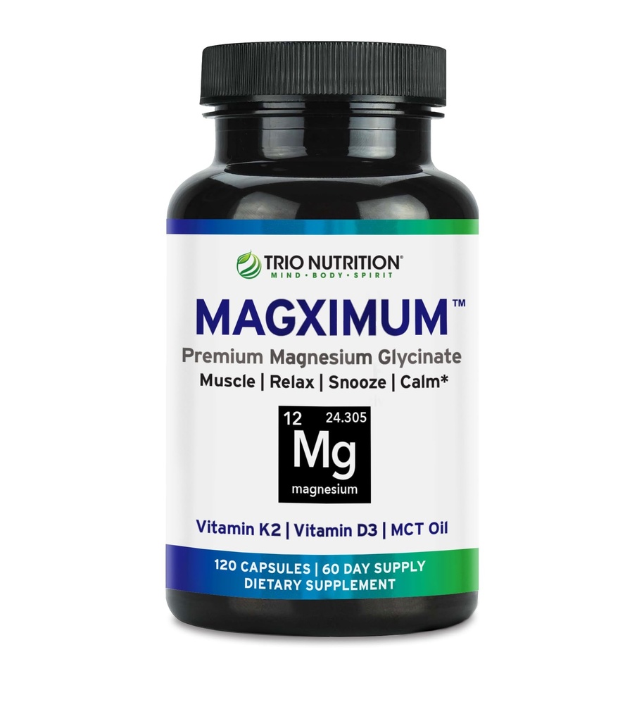 Trio Nutrition MagX Magnesium Glycinat, Vitamin D3, Vitamin K2 & MCT Öl | Chelat Magnesium Supplement | Calm, Relaxation & Recovery | Seien Sie gut restauriert und starten Sie Ihren Tag mit Magximum