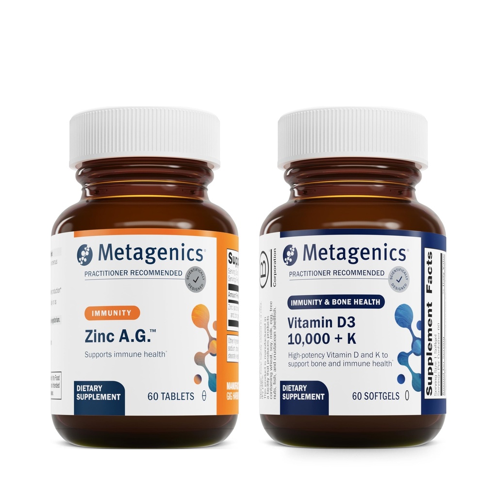 Metagenics Bundle - Zink A.G. & D3 10.000 + K - 60 Tabletten von Zink A.G. für Immununterstützung, Knochengesundheit, Energiemetabolismus - 60 Softgele von D3 10.000 + K für Immununterstützung, Herzgesundheit