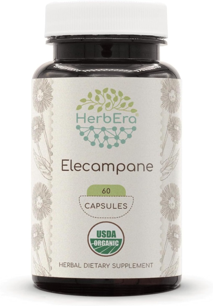 HerbEra Elecampane 60 Capsules biologiques USDA, 500 mg, faites avec de la racine séchée Elecampane (Inula Helenium) (60 Capsules)