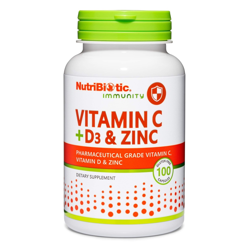 NutriBiotic – Vitamina C + Vitamina D3 & Zinc, 100 Capsule | Potente, Supporto Immune Comprehensive | Integratore Quotidiano Essenziale & Antiossidante | Gluten & GMO Free