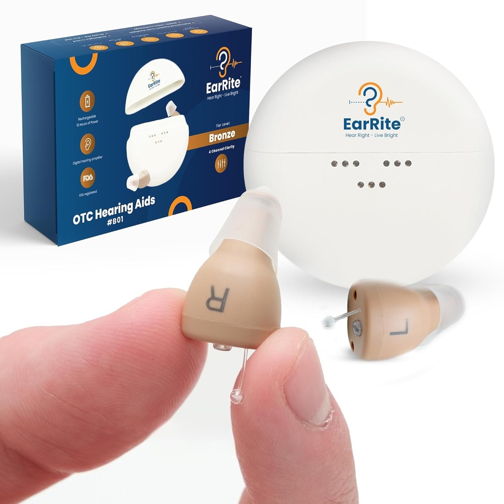 Aides auditives OTC rechargeables EarRite pour les aînés - presque invisibles et confortables 9 niveaux réglables de Clarity Compact In-Ear Design Amplificateur audio numérique avec boîtier de réduction du bruit et de charge