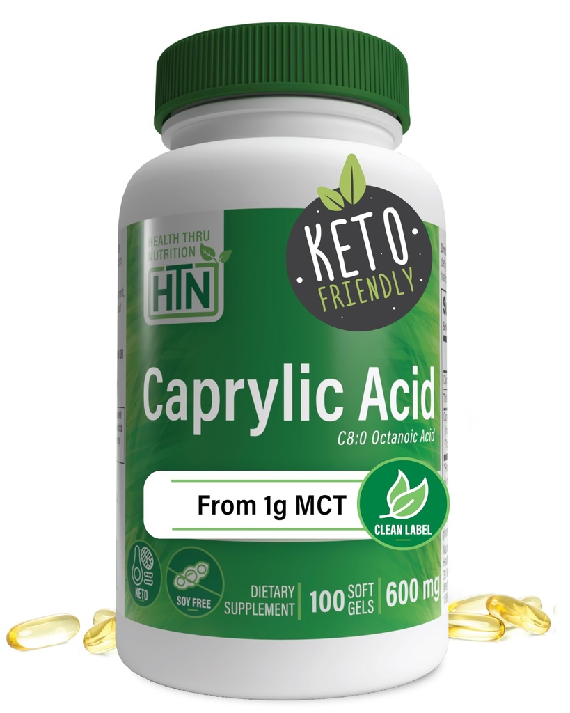 Gesundheit Thru Nutrition Caprylic Acid 600mg 100 Softgels | C8 Octanoic Acid von Pure 1g MCT Oil | Non-GMO & Soy Free | Unterstützt gesunde Verdauung und Darmgesundheit | Keto Friendly