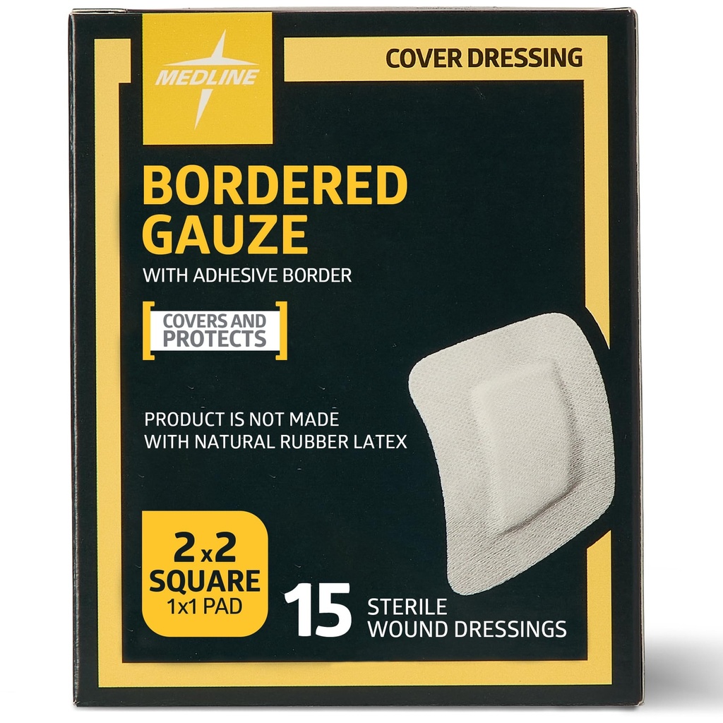 Medline Bordered Gauze, 2" x 2" Adhesive Island Wound Dressing, Steril, 15 Count