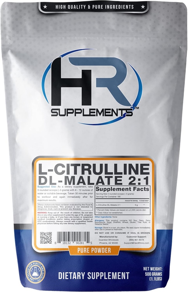 Supplementi HR L-Citrullina DL-Malate 2:1 Polvere, 500 grammi (1.1 Lbs), non aromatizzato, test di laboratorio, Scoop incluso