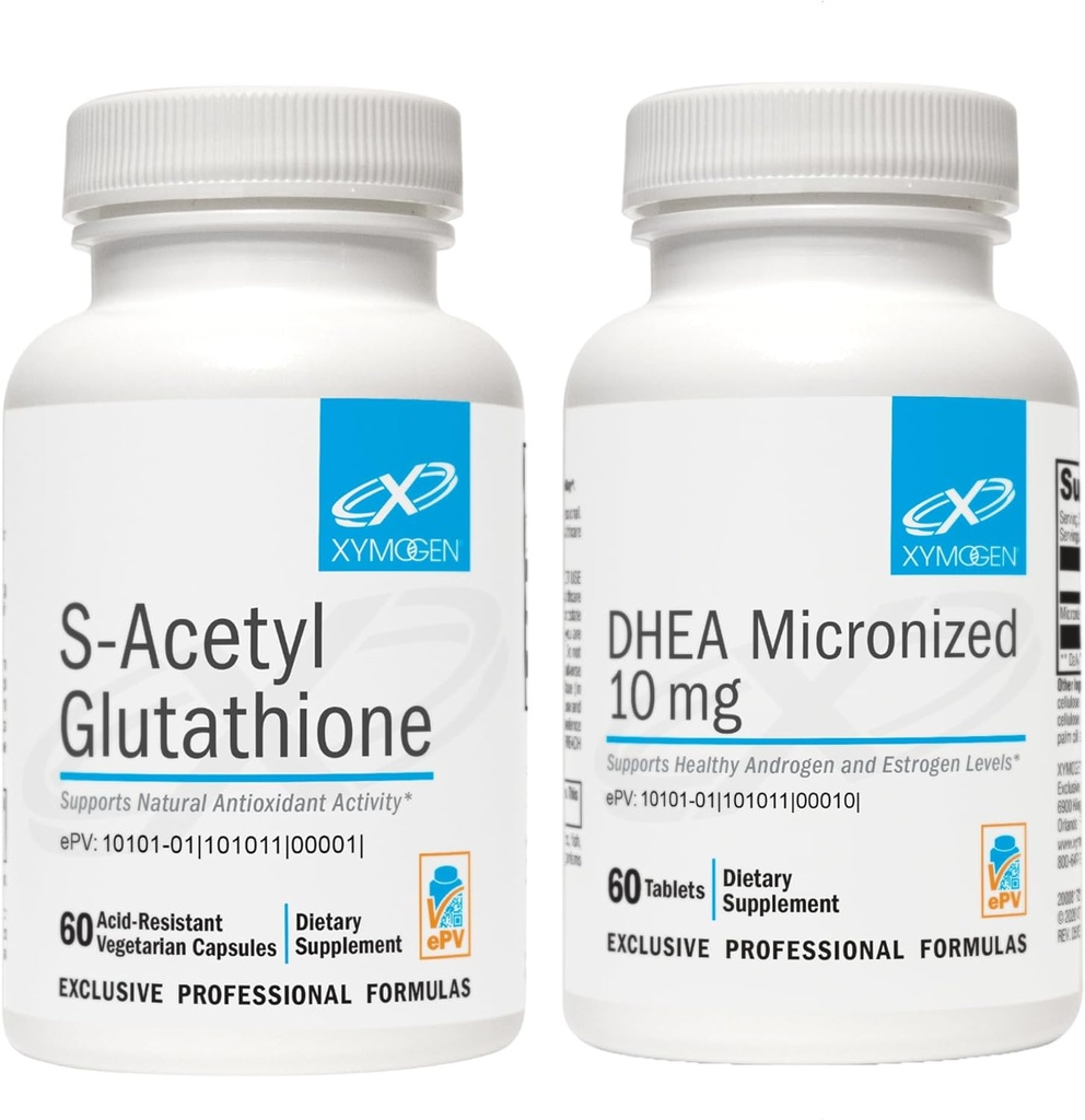 XYMOGEN DHEA 10mg (60 Tabletten) + S Acetyl Glutathion (60 Kapseln) 2-Piece Bundle - Micronized DHEA + Superior Absorption Acetyl Glutathione Ergänzung zur Unterstützung gesunden Alterung