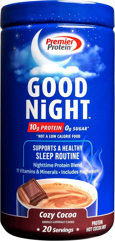 Premier Protein Good Night Protein Powder, Hot Cocoa Mix, 10g Protein, 0g Sugar, 11 Vitamine & Minerals, Nighttime Protein Blend, Magnesium, Zinc, 20 Serve, 1 Tub