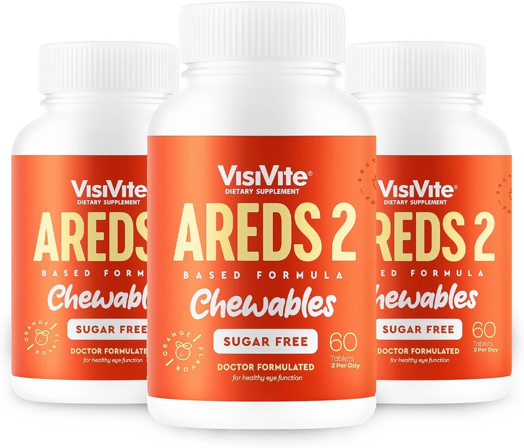 AREDS 2 Vitamines oculaires sans sucre - Alternative aux gommes à lutéine pour les yeux - Lutéine pour la santé des yeux - Vitamines oculaires sans sucre premium - (comprimés à croquer) Boîte de 3