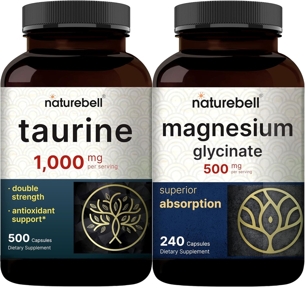 NatureBell Magnesium Glycinat Kapseln 500mg & Taurine Kapseln 1000mg pro Servieren Bundle Pack | Chelat & Purified Mineral | Essential Amino Acids Supplement