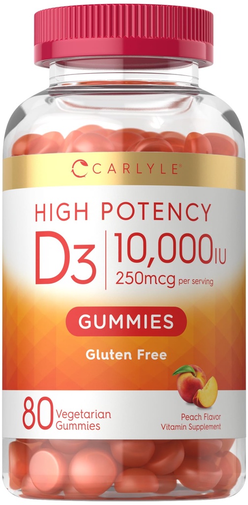 Carlyle Vitamin D3 10000iu Gummies per adulti | 80 Count | Peach Gummy aromatizzato | Alta potenza per le donne e gli uomini | Vegetariano, Non OGM, Gluten Free Supplement