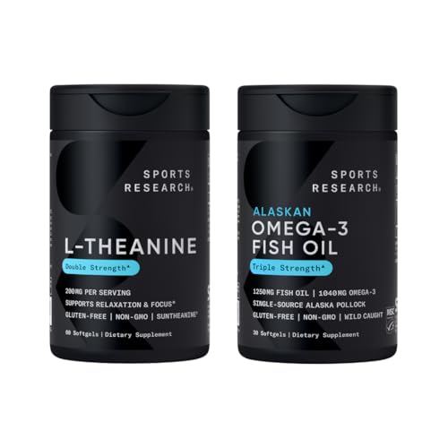Sportforschung Double Strength L-Theanine Suntheanine für Fokus, Entspannung & Alertness Non-Drowsy-Unterstützung + Coconut Oil 60 Count & Triple Strength Omega 3 Fish Oil 1250mg Burpless Omega3 EPA & DHA