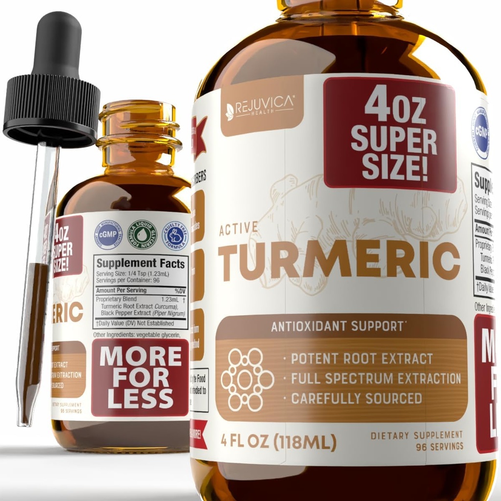 Rejuvica Health Active Turmeric 4oz XL Super Size - Advanced Liquid Supplement Tincture - Curcuma Longa Extract Drops - Radici Turchesi Solo - Curcumina naturalmente Oscurante