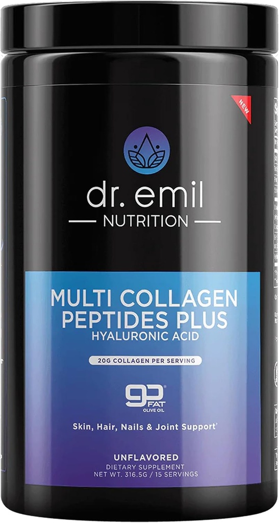 DR. EMIL NUTRIITION Poudre de Peptides Multi Collagène - 20g de poudre de protéines de collagène hydrolysée non aromatisée avec acide hyaluronique pour cheveux, peau, ongles et articulations - 15 portions