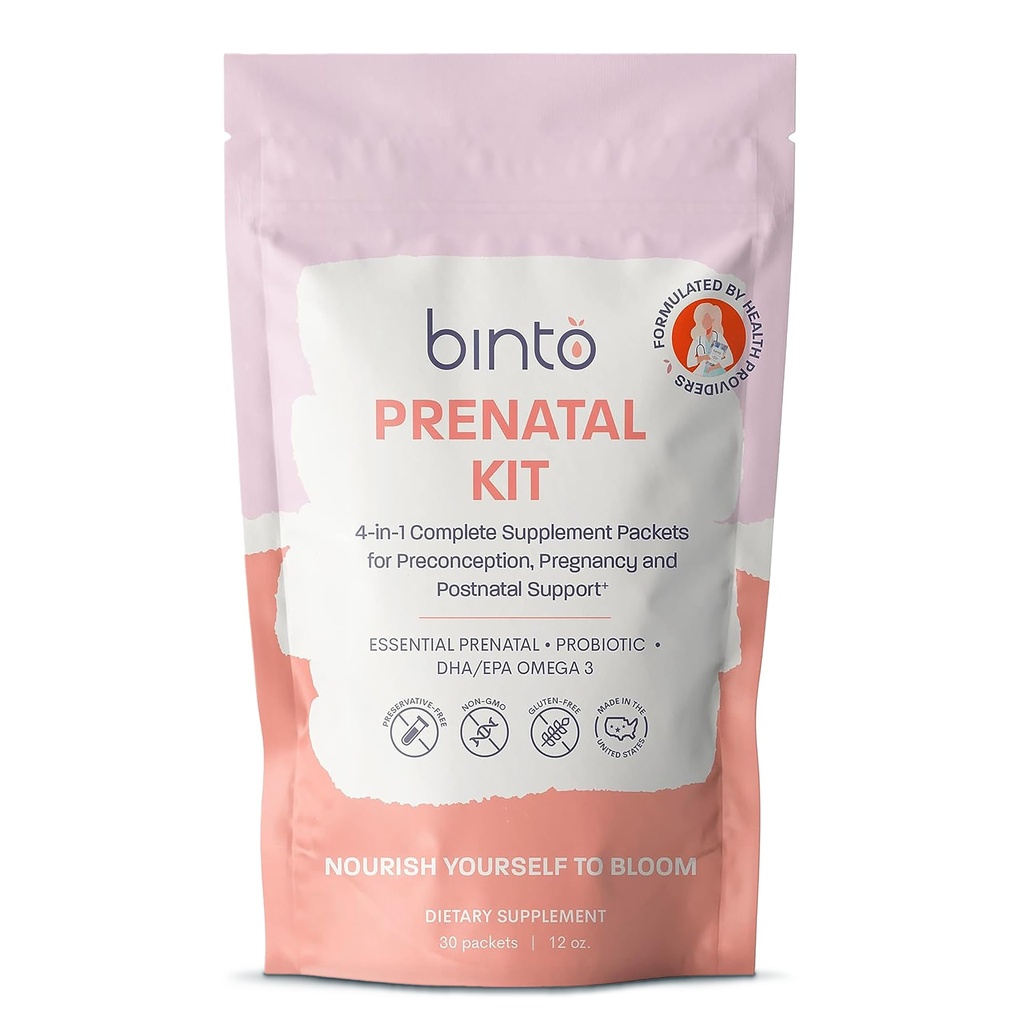 Binto Prenatal Kit - 4-in-1-Ergänzungen für gesunde Mutter & Baby - 30 Tage Versorgung - Multivitamin, Probiotika, Eisen, DHA, Methylierte Schaum & Folsäure - Non-GMO, Glutenfrei, Vegetarisch