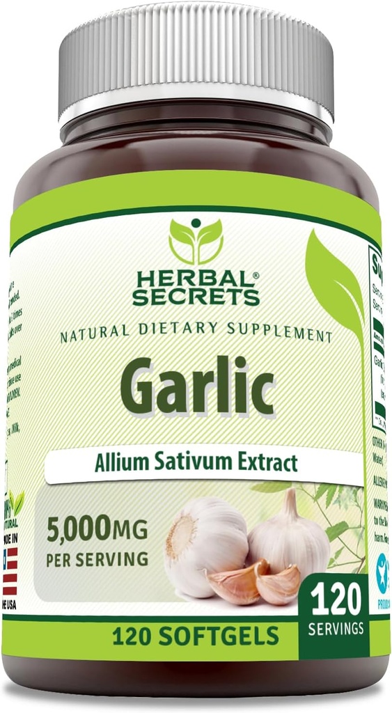 Kräutergeheimnisse Knoblauch Ergänzung | 5000 Mg pro Servieren | 120 Softgels | Non-GMO | Gluten Free | Made in USA