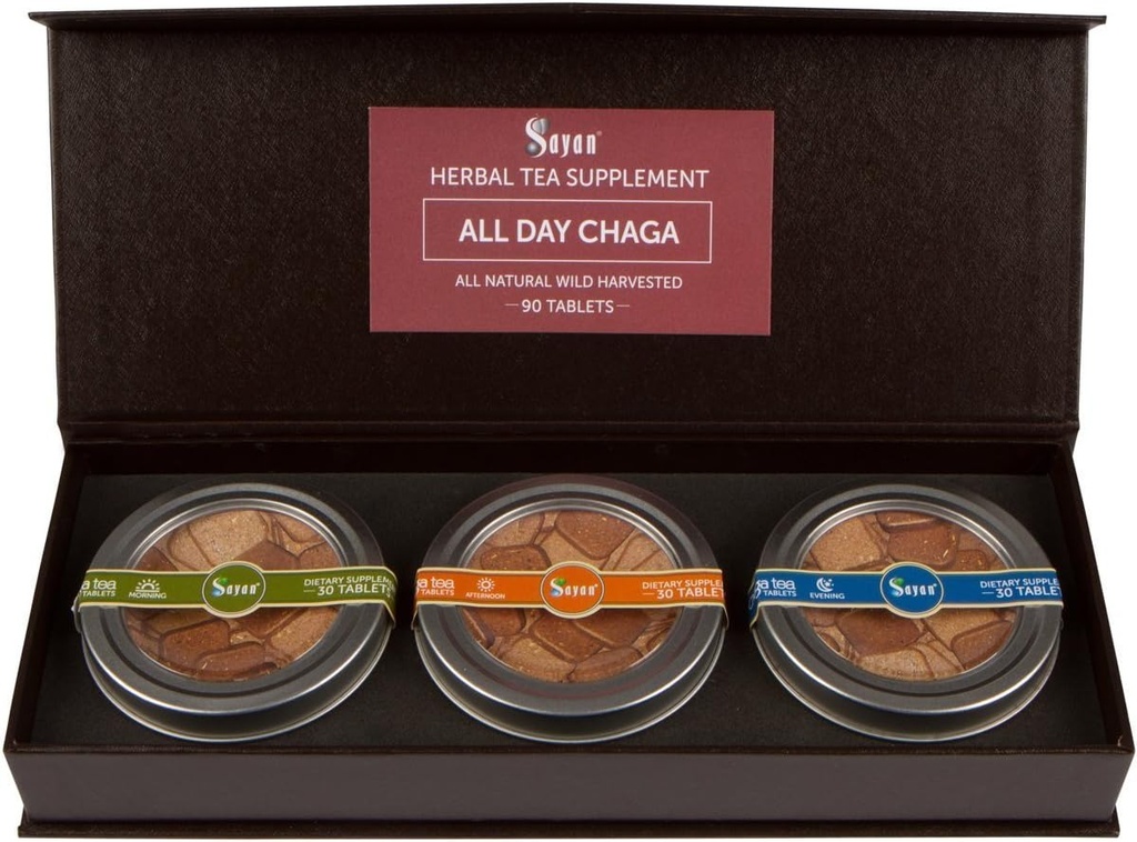 Sayan Sibirische All Day Set Instant Chaga Pilz-Tee, Packung mit 3 täglichen Tabletten (90 Stück) - Wild-Harvested, Premium Blend – Natürlicher Antioxidant-Tee für Immununterstützung, Energiesteigerung & Verbesserte Verdauung