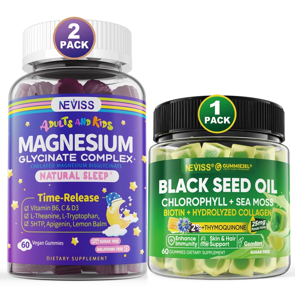NEVISS Black Seed Oil Gummi, Chlorophyll & Sea Moss Supplement + Magnesium Glycinate Gummis für Erwachsene & Kinder 4+