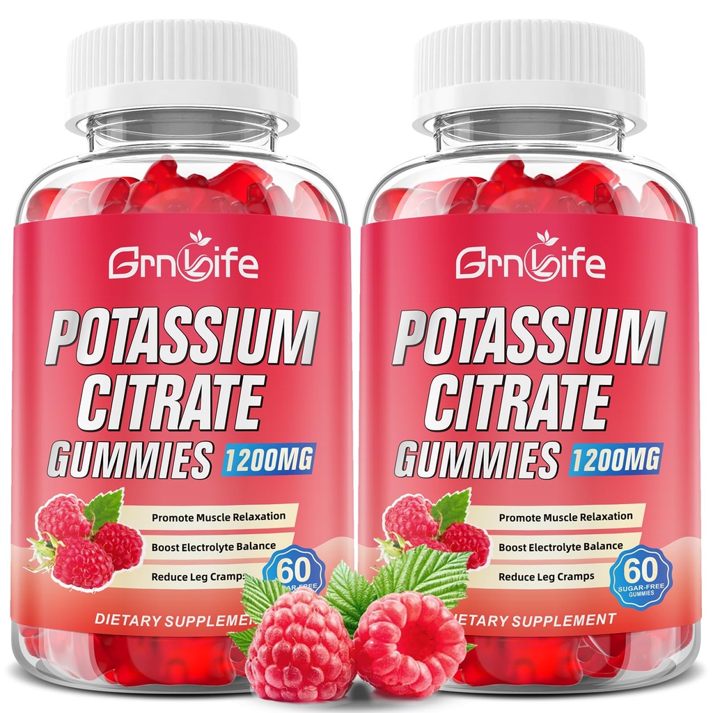 2 pacchi di potassio Citrato Gummies, High Potassium Supplement Gummies 1200mg Supporto Gambe e salute del muscolo, Gummie di potassio per adulti e bambini, Vegan, Raspberry Flavor 120 Conte