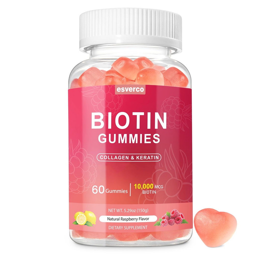 Biotina 10000mcg Keratin Collagen Gummies Supplementi Chiodi per capelli Vitamine Crescita giornaliera dei capelli & rinforzanti Gummies per le donne Vegan Biotin e Vitamina C Gummy 60 Conte