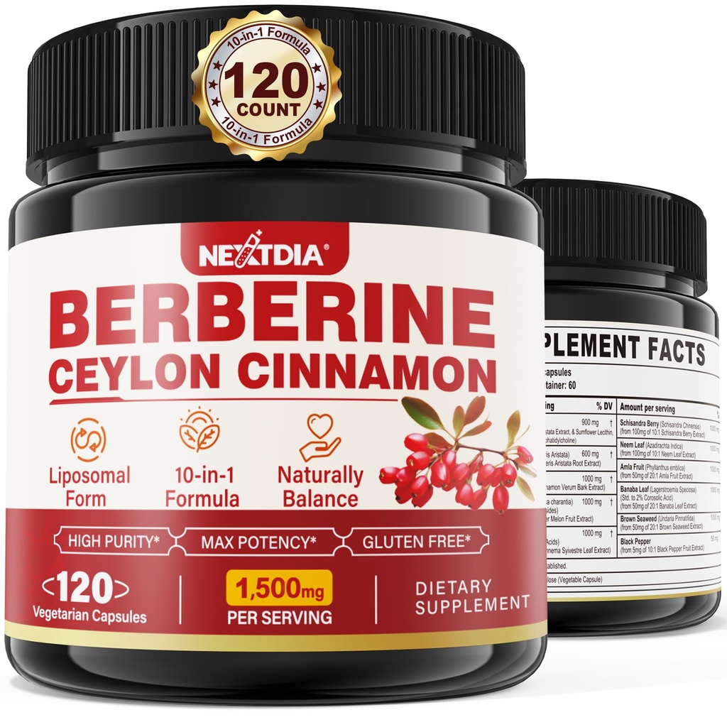 Supplément berbère biologique 1500mg avec Ceylan Cinnamon Bitter Melon, Liposomale Berberine HCL Complex Suppléments, Imune & Soutien digestif - Non-OGM, Organic, Vegan Berberine Capsules 120Cts