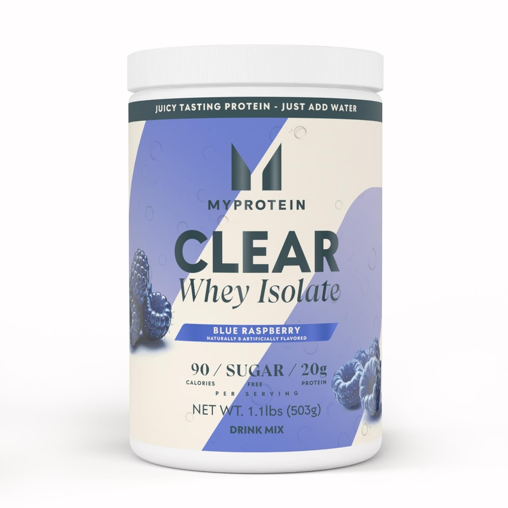 Myprotein Clear Whey Isolate Protein Powder, 1,1 Lb (20 Serve) Blue Raspberry, 20g Protein per Serving, Miscela Bevanda Naturalmente Aromaed, assunzione giornaliera di proteine per prestazioni superiori