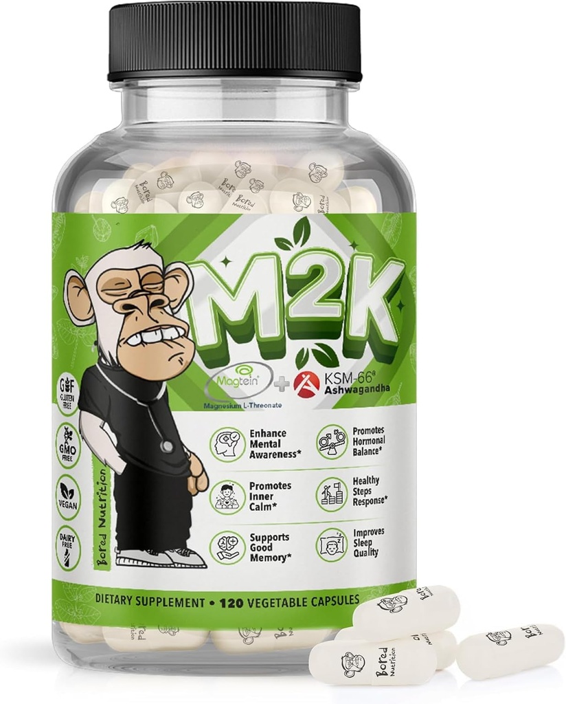 Nutrizione curata M2K: Magtein Magnesio L-threonate & Ashwagandha Supplemento - 1500mg Magtein, 300mg KSM-66, Plus 200mg Magnesium