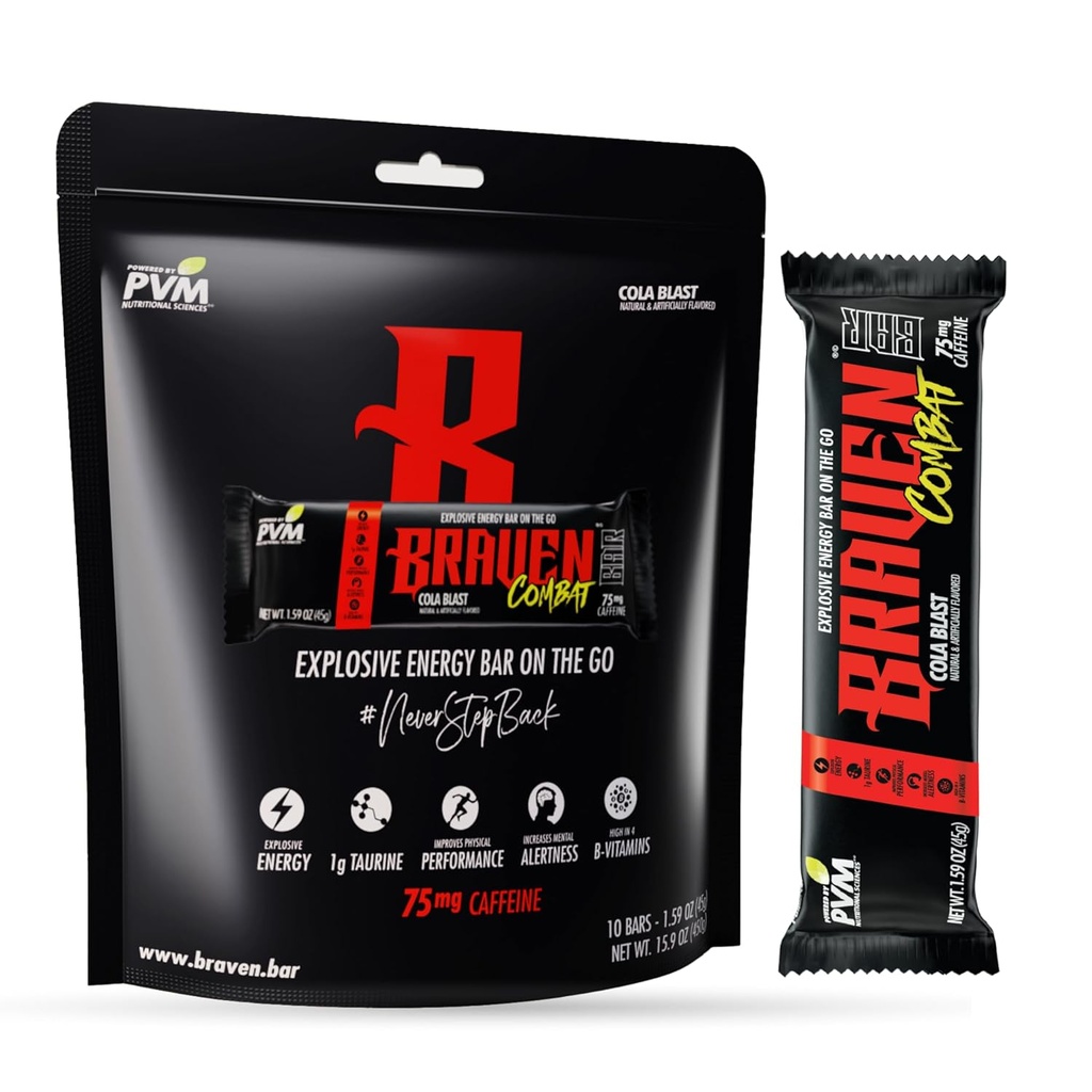 Braven Combat Cola Blast Energy Bars with Caffeine (1.59 oz, Pack of 10) – On-The-Go Energy Bars with 75mg Caffeine – Gluten Free Energy Snacks – Alternative to Energy Chews with Caffeine