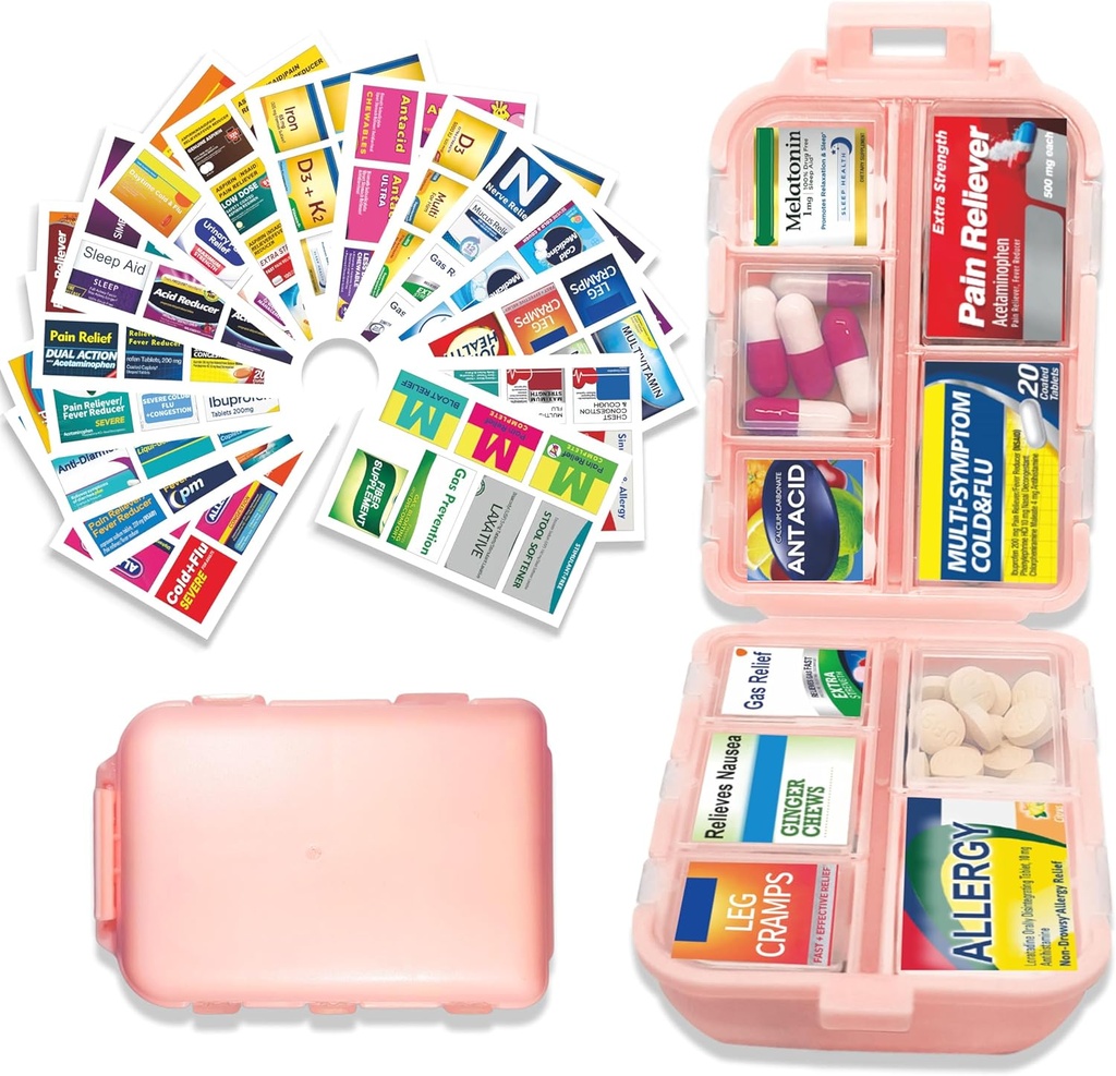 Pill Organizer mit Medizin Etiketten 146 Etiketten Travel Daily Pill Container Mini Medication Organizer Aufbewahrung Pill Organizer Reisen Essentials Pill Case 7 Day (Pink, 1 Pack(Large)))