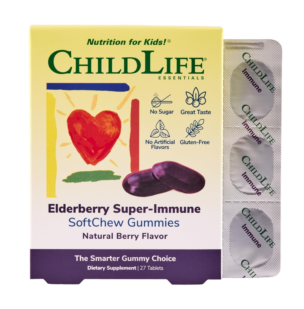 CHILDLIFE ESSENTIALS Elderberry Super-Immune SoftChew Gummies per bambini - Supporto immunitario con vitamina C & vitamina D3, Elderberry Immune Supplemento per bambini, bambini e bambini - Berry, 27 Softchews