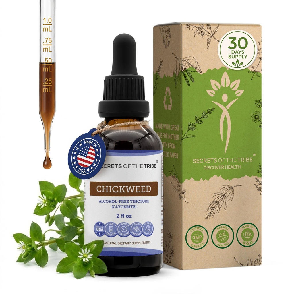 Segreti della Tribe Chickweed Tincture Alcohol-Free Liquid Extract, Chickweed (Stellaria Media) Dried Over-Ground Parts (2 FL OZ)