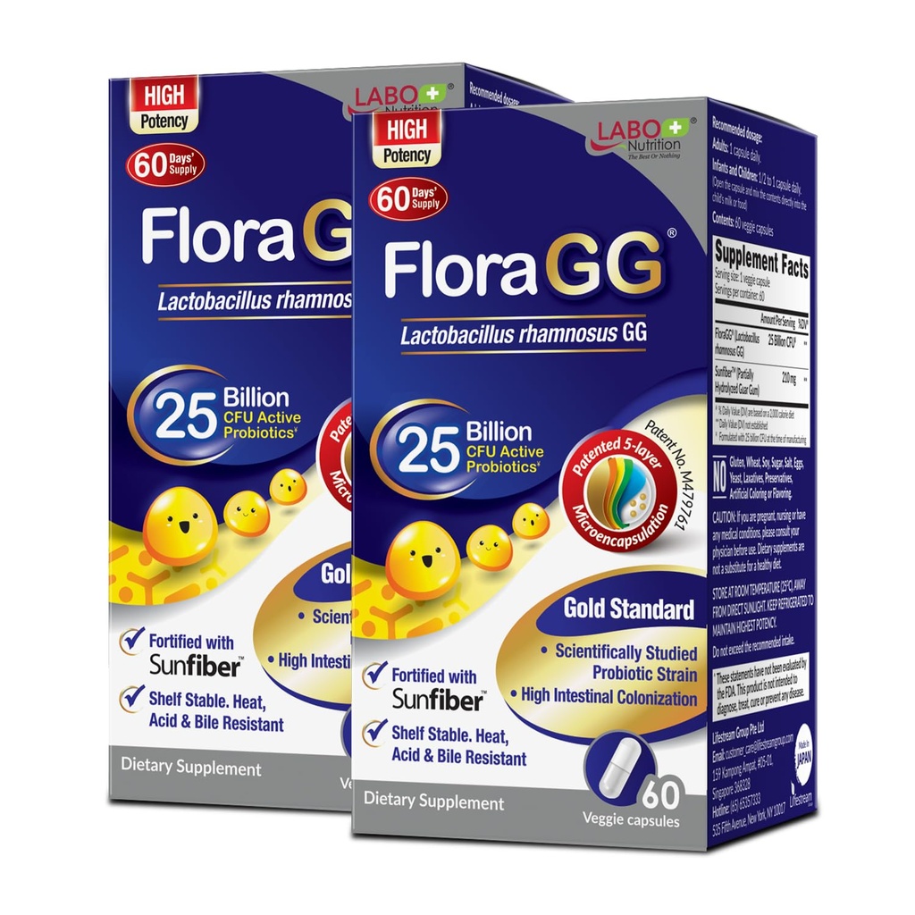 LABO Nutrition FloraGG, Lactobacillus Rhamnosus GG 25 Billion CFU Active Probiotics & Sunfiber Prebiotic Fiber Supplement, Unterstützt Gesunde Darm, Immungesundheit Verzögerte Freisetzung & Gluten Free 60sx2