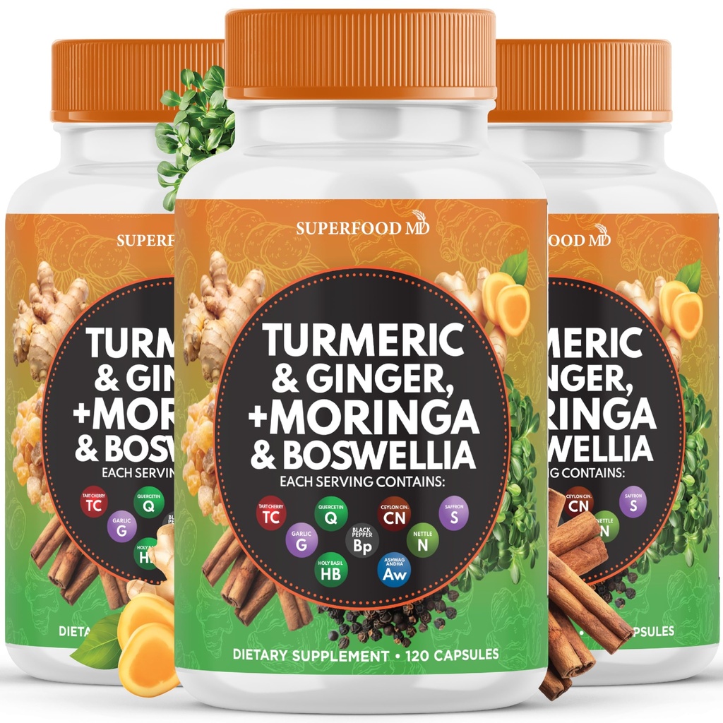 Turmeric Moringa 50000mg Supplemento | Ginger Boswellia 3000mg Saffron 2000mg Sacro Basilico- Integratore di supporto per donne e uomini con Ceylon Cinnamon, Quercetin, Tart Cherry- 360 Count