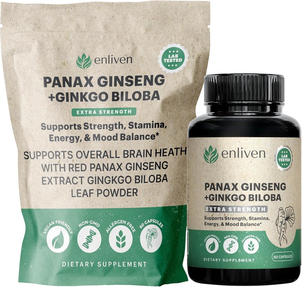Panax Ginseng & Ginkgo Biloba Supplement for Energy, Focus & Brain Health | Korean Red Ginseng Capsules for Memory, Stress Relief & Circulation | Natural Cognitive Support | 60 Count | Made in USA
