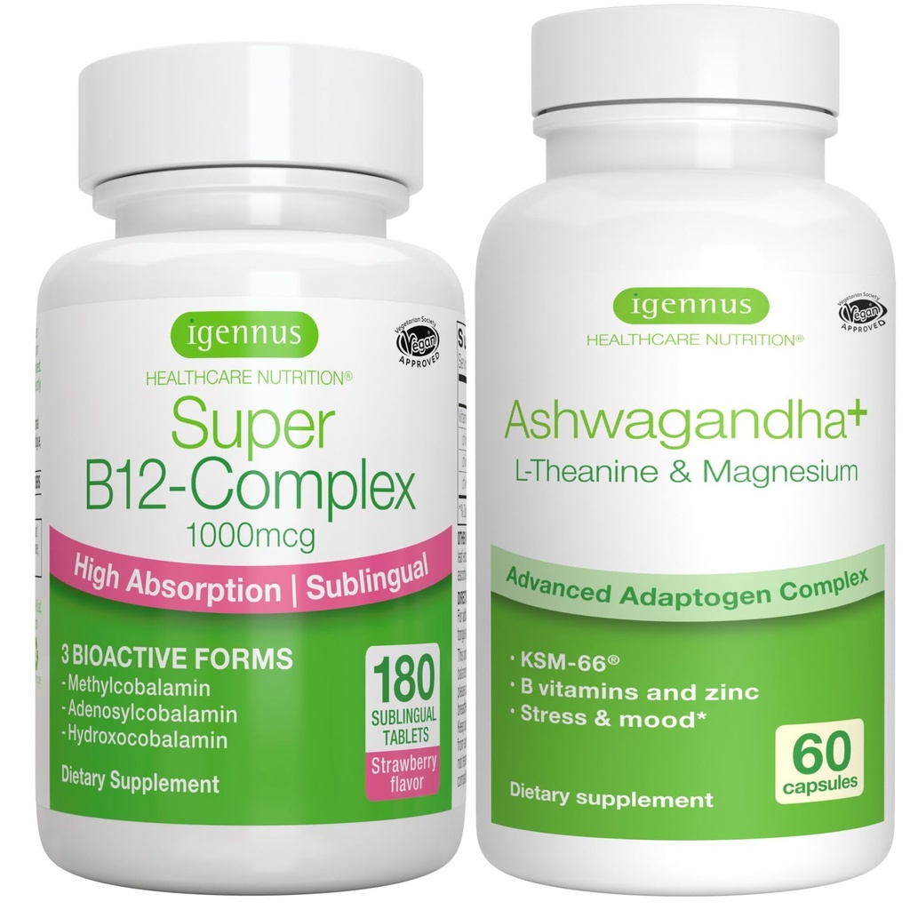 Super B12-Complex 1000mcg + Advanced Ashwagandha KSM-66, L-Theanin & Magnesium Bundle, High Absorption Sublingual Vitamin B12 + Multi Action Adaptogen Complex, von Igennus