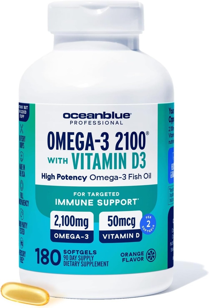 Oil de poisson professionnel Oceanblue avec la vitamine D3=1 Triple Strength 2100mg Omega 3 DPA EPA DHA=1 Wild Caught=1 Saveur orange sans Burpless, 90 portions (180 comte)