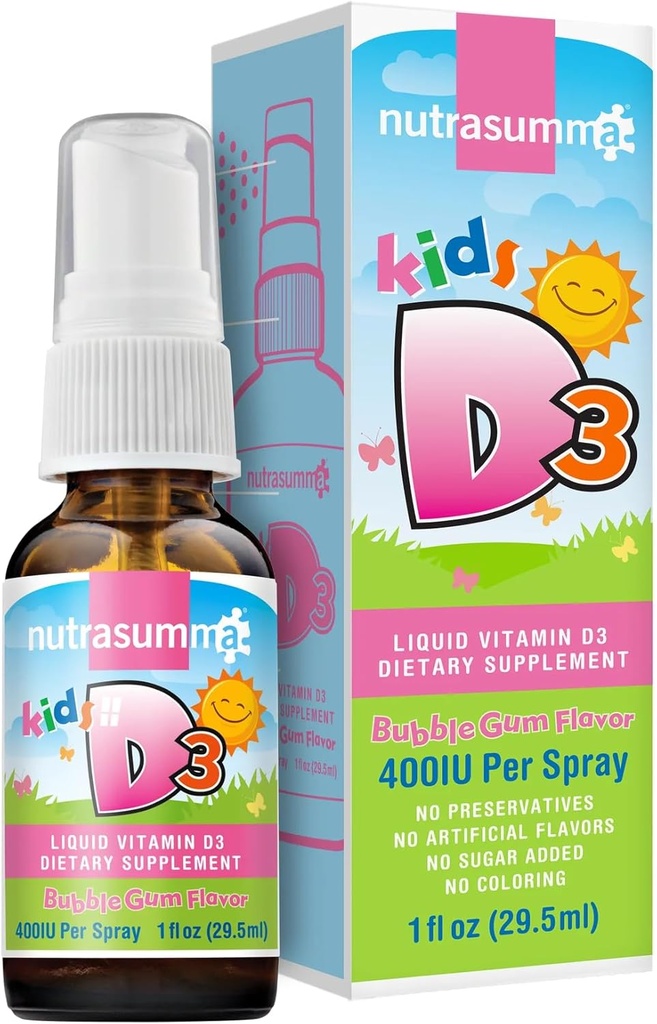 Nutrasumma Kids Vitamine D3 400 UI Spray Bubble Gum Flavor-1oz- Naturellement haut taux d'absorption soutient Bone boosts système immunitaire supplément de vitamine