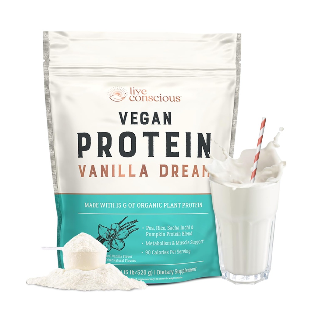Live Conscious Vegan Pea Protein Powder - Vanilla Dream Flavor | Plant-Based Vegan Protein Blend - Pea, Brown Rice, Kürbis, Sacha Inchi | 20 Servierungen 18 oz