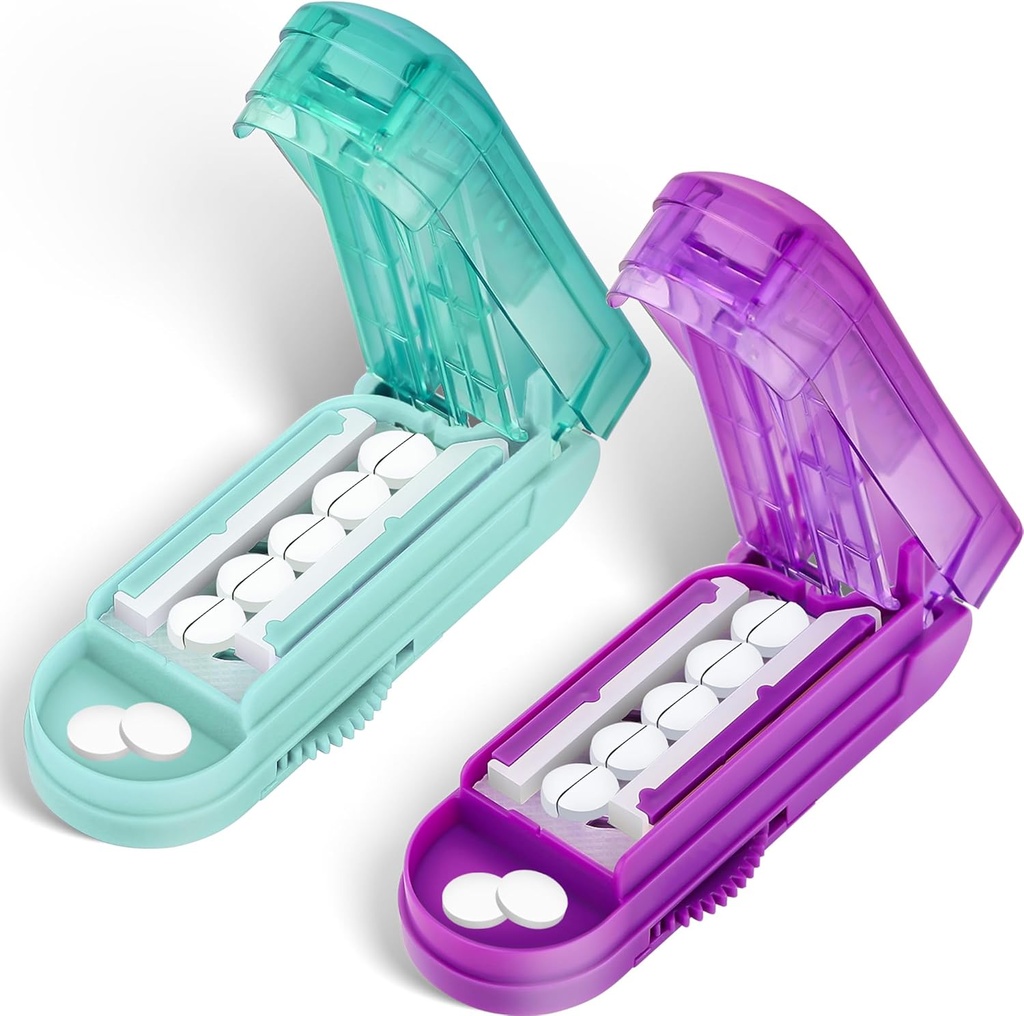 DUBSTAR 2PCS Pille Cutter Splitter für kleine und winzige Pillen, mehrere Pillenschneider für kleine oder große Pillen, verstellbare Pille Splitter mit Zentriervorrichtung und Klingenschutz (Purple+Cyan)
