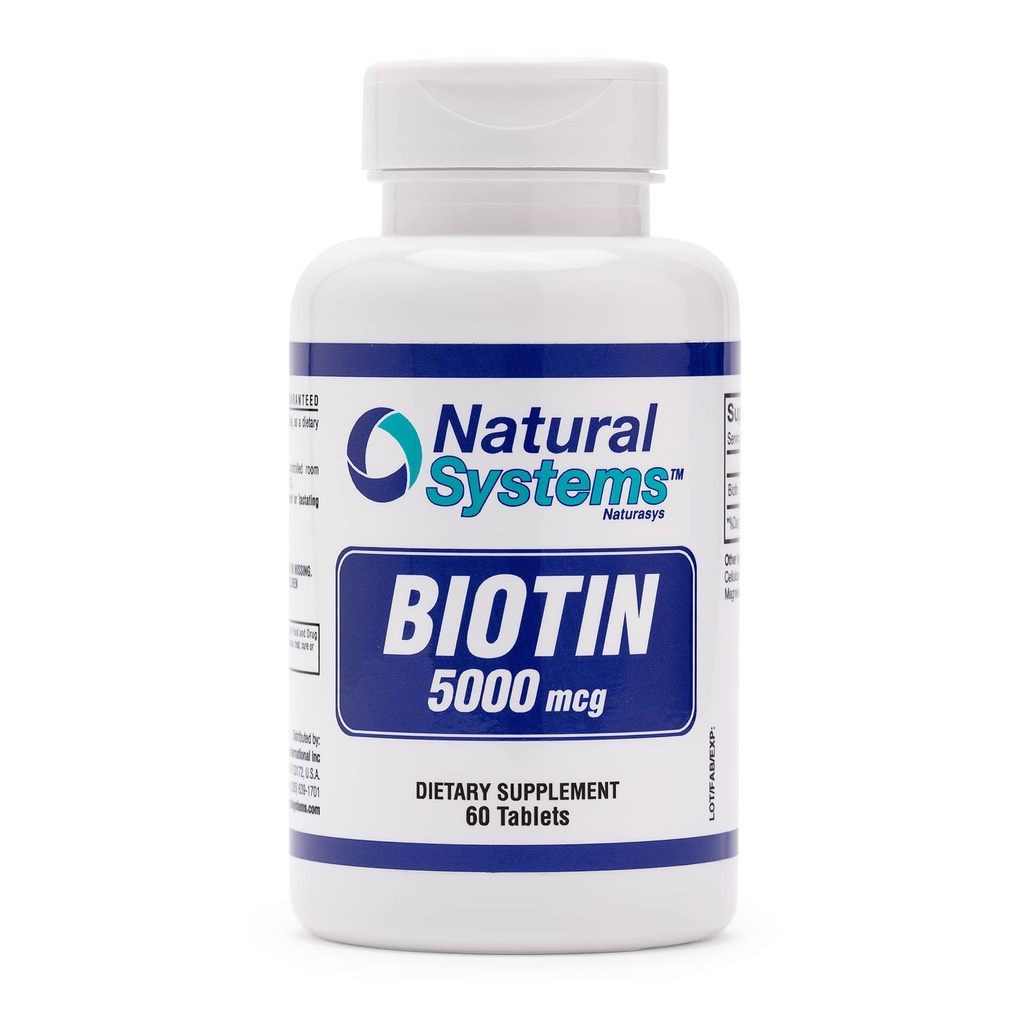 Biotin 60 compresse 5000 mcg di sistemi naturali | Pillole di sostegno per la crescita dei capelli | Vitamine per le unghie della pelle dei capelli per gli uomini e le donne | Integratore di biotina migliora la crescita delle cellule