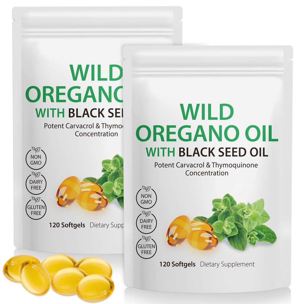 Öl von Oregano Softgels 6000mg Pro Servieren 240 Count | 2 in 1 Formuliert mit schwarzem Samenöl 200mg, 4X Stärke Carvacrol & Thymochinon | Plant Based, Non-GMO & Immun Support