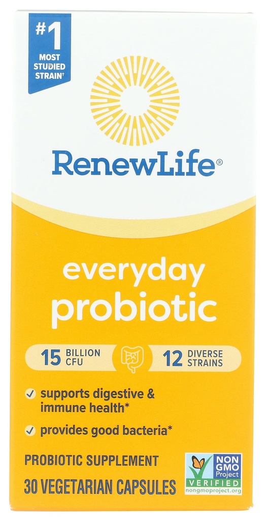 Renew Life Everyday Probiotic Capsules, Daily Supplement unterstützt Urinary, Digestive and Immune Health, L. Rhamnosus GG, Dairy, Soy und Gluten-Free, 15 Billion CFU, 30 Count