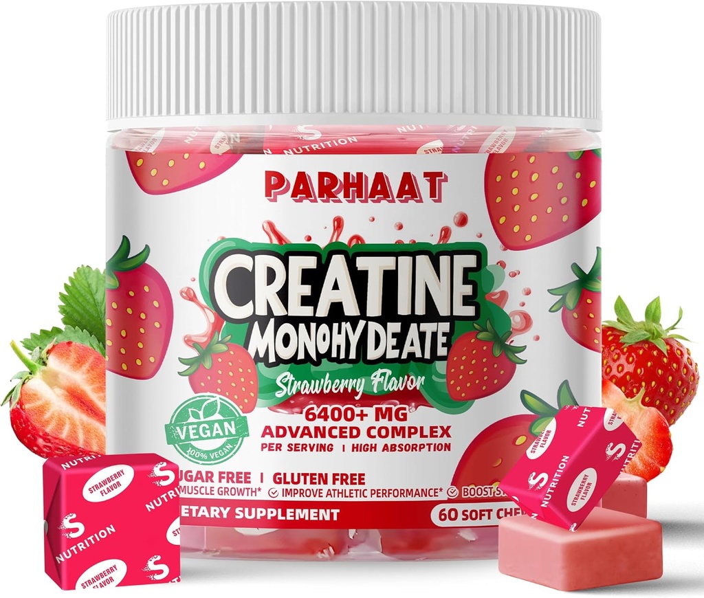 Creatina Monoidrato Chews Complex 6400mg per uomini e donne -Advanced Formula W/L-Taurine + Vitamina B12, Zucchero gratuito Chewable Supplement,60 Fragola Softchews
