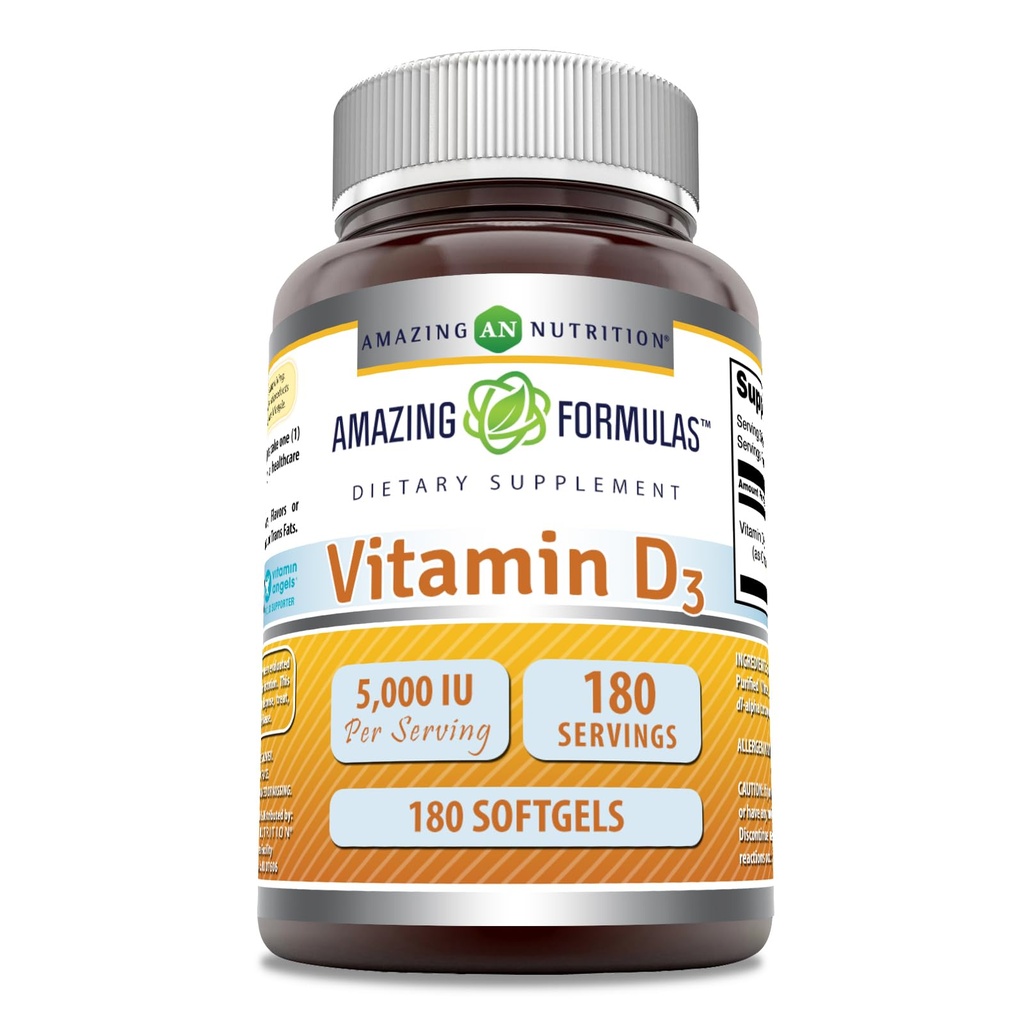 Amazing Formulas Vitamin D3 (Cholecalciferol) Supplement | 5000 IU per Serving | Softgels | Non-GMO | Gluten-Free | Made in USA (1 Pack | 180 Count)