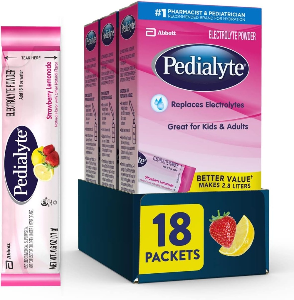 Paquets en poudre d'électrolyte de pédialyte, citronnade de fraise, boisson d'hydratation, 18 emballages en poudre à usage unique