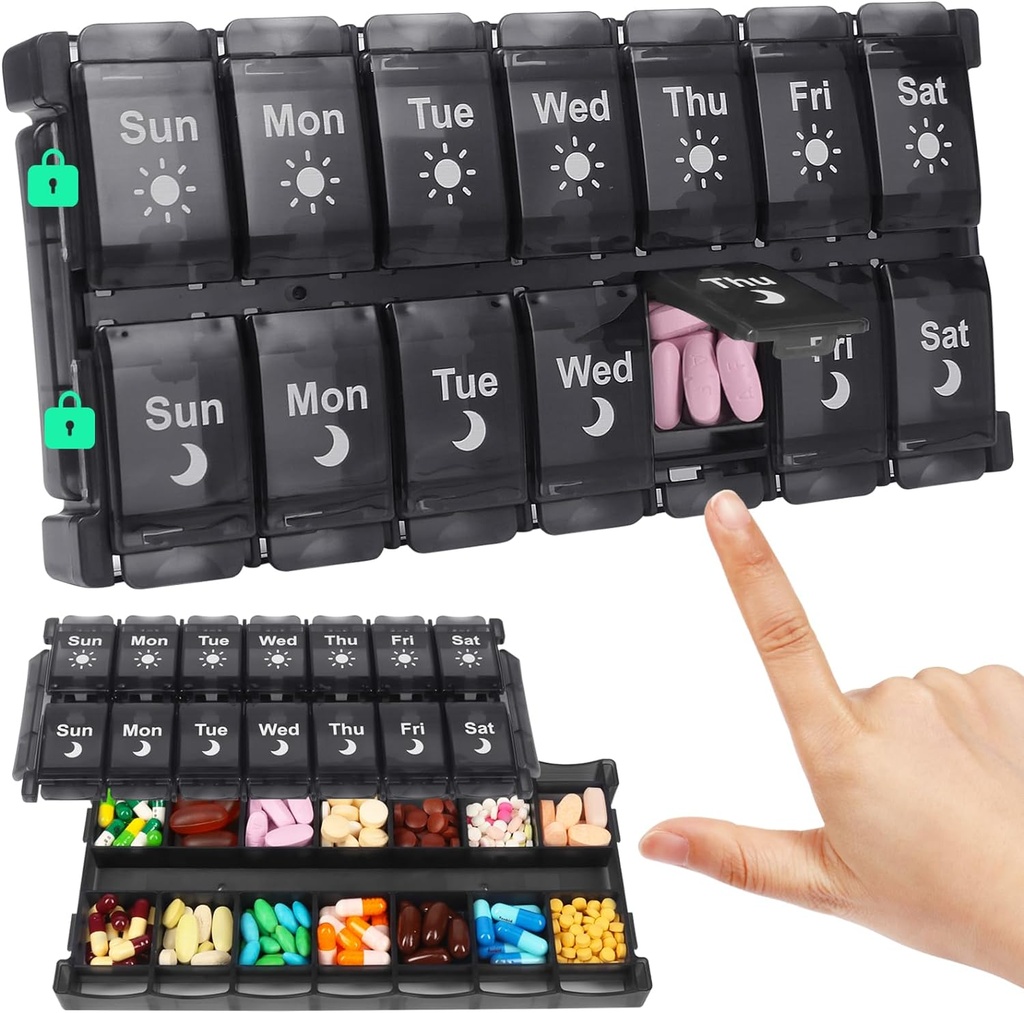 Shintop Weekly Pill Box 2 volte al giorno, Easy Fill Medicine Pill Organizer Push Button Pill Case Morning Night Vitamin Organizer for Fish Oil Supplements (nero)