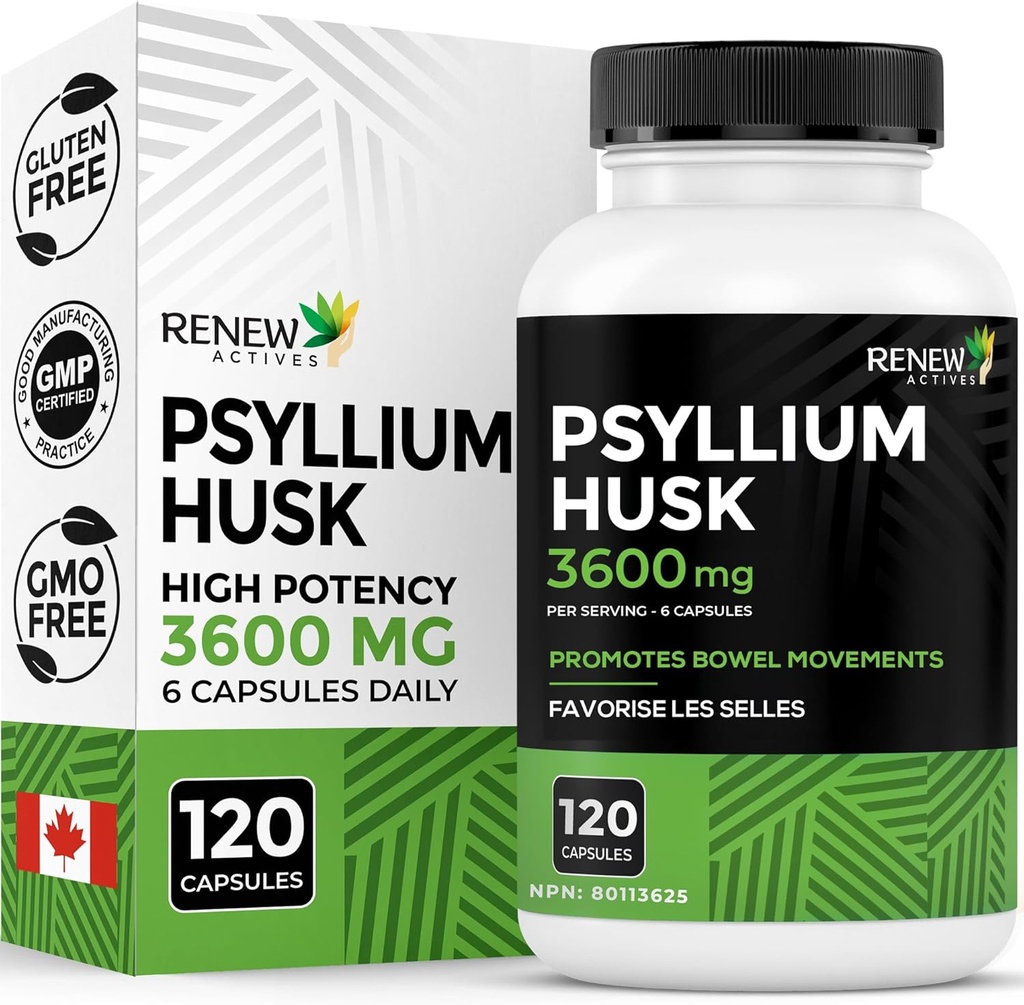 Renew Actives Psyllium Husk 1200MG pro 2 Kapseln – Bulk-Forming Laxative & Soluble Fiber for Digestive Health, Regularity & Adult Wellness – Pure Ingredients – Made in Canada – 120 Kapseln